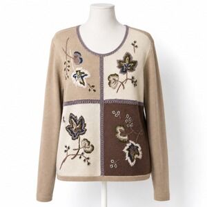 Vintage 90s Floral Embroidered Patchwork Sweater M Brown Cottagecore Fall Leaf